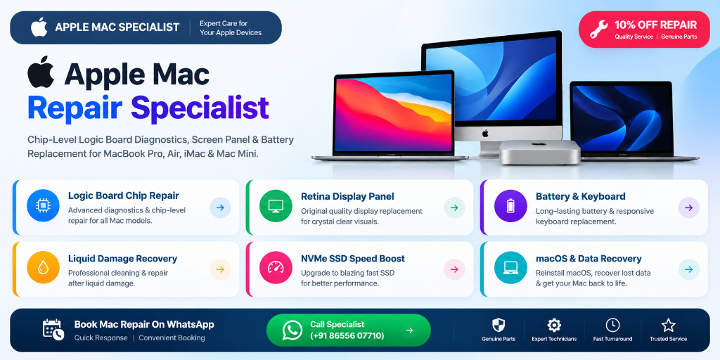 Apple Mac Repair Specialist - 10% Off Chip-Level Diagnostics, Retina Display Panel, Logic Board, Battery & Keyboard, SSD Upgrade, macOS Recovery